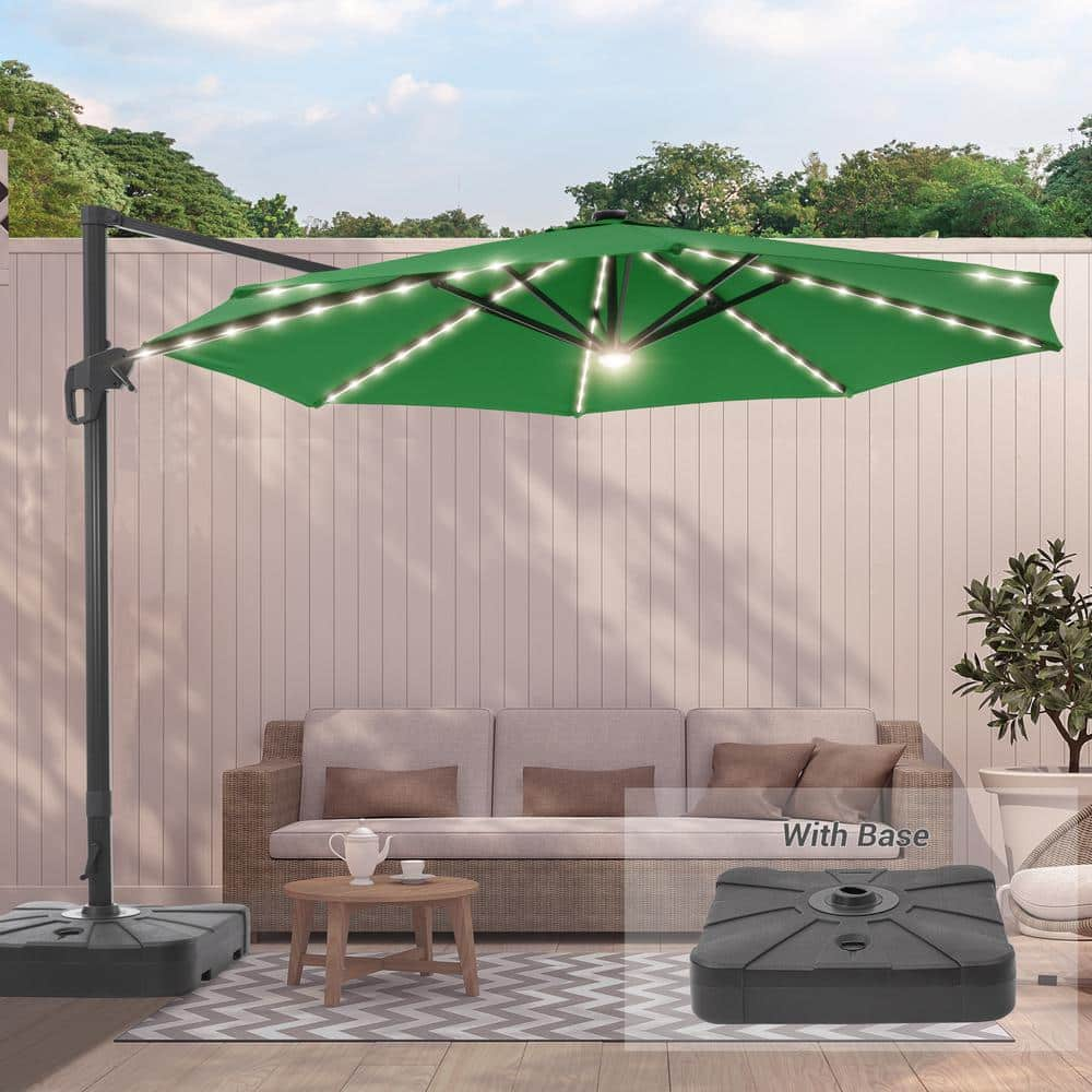 11 ft. Solar LED Aluminum Cantilever Patio Umbrella with a Base/Stand, Offset Hanging 360-Degree Rotation in Kelly Green -  JOYESERY, J-UM-JC46KG