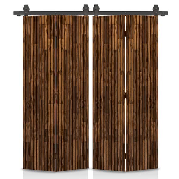 CALHOME Japanese Series 64 in. x 80 in. Hollow Core Walnut Pine Wood Double Bi-Fold Barn Door with Sliding Hardware Kit