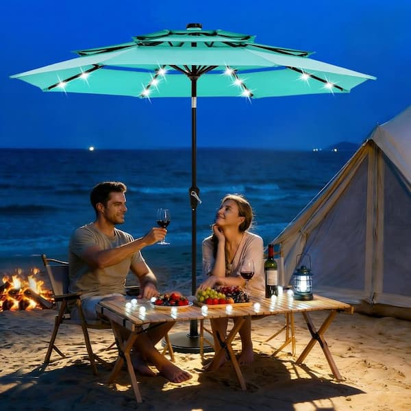 10ft Patio Umbrella with Solar LED Lights, Vented Canopy, for Garden Pool Backyard, Base Not Included, Turquoise Blue