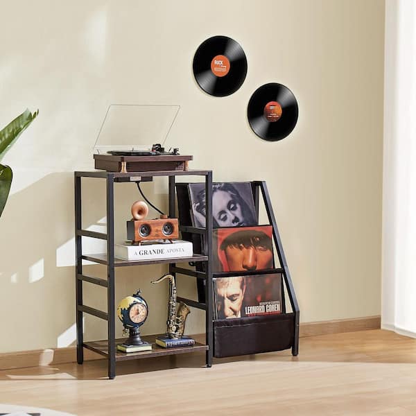 SKYSHALO Record Player Stand with Charging Station and USB Ports, Holds up to 200 Albums, 3-Tier Stand, Full Motion, 32 in.