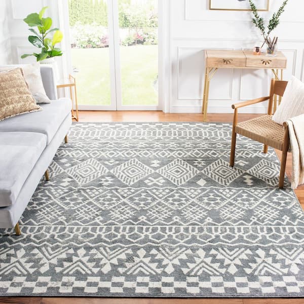 Pyramid 9 ft. x 12 ft. Ivory/Charcoal Diamond Geometric Striped Area Rug