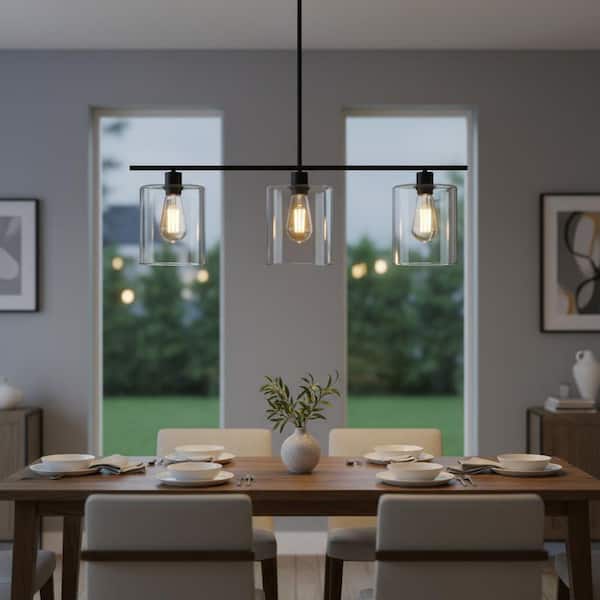 3-Light Black Cylinder Pendant Light Fixtures with Clear Glass Shades for Dining Room Kitchen Island Dimmable