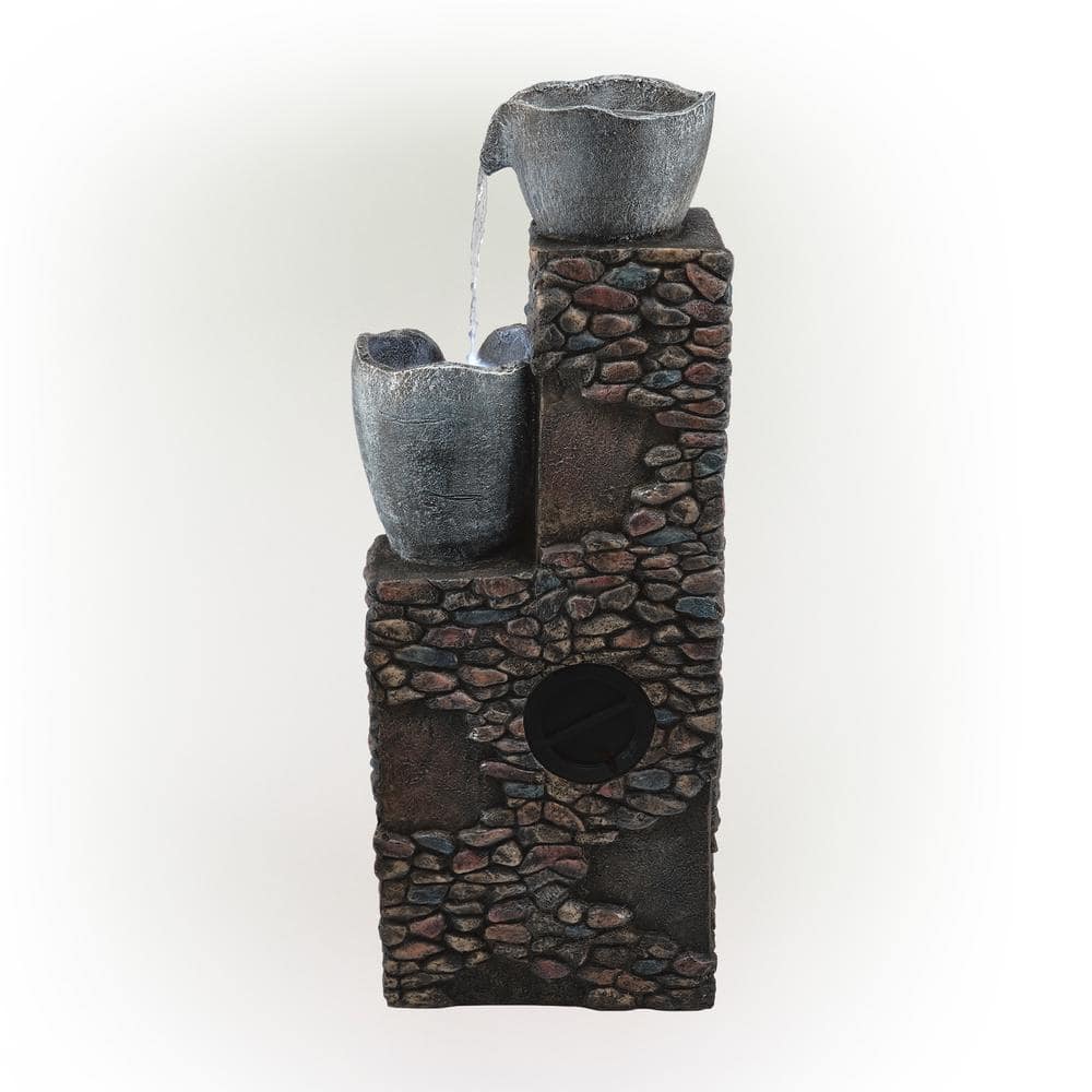 42" Gray Polyresin 4-Tier Outdoor Fountain with LED Lights