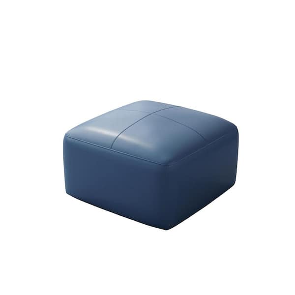 22 in. Wide Mid-Century Navy Blue Genuine Leather Square Ottoman(Set of 1)