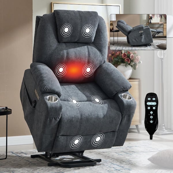 Isidore Grey Polyester Upholstered Power Lift Recliner Chair with Massage, Lumbar Heat, USB Ports, Cup Holders