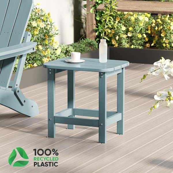 Lake Blue Plastic Outdoor Side Table, Patio Adirondack Square End Table, Weather Resistant