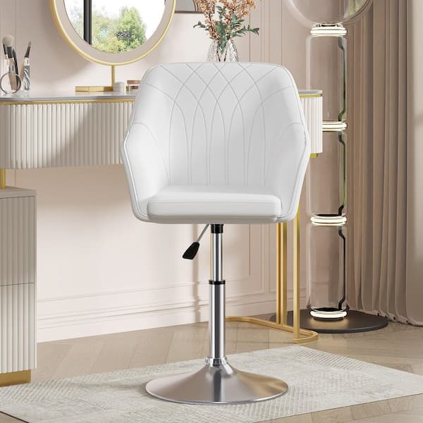 Swivel Vanity Chair with Backrest, White PU Leather Accent Chair, Adjustable Makeup Stool for Bedroom and Office