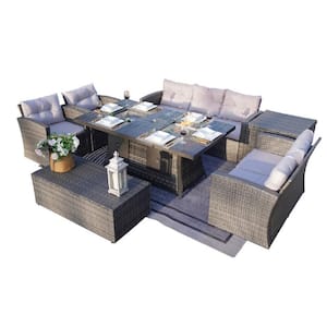 Fire and Ice Gary 7-Pieces Wicker Patio Conversation Fire Pit Table Sofa Set with Ice Bucket and 2 Storage Box