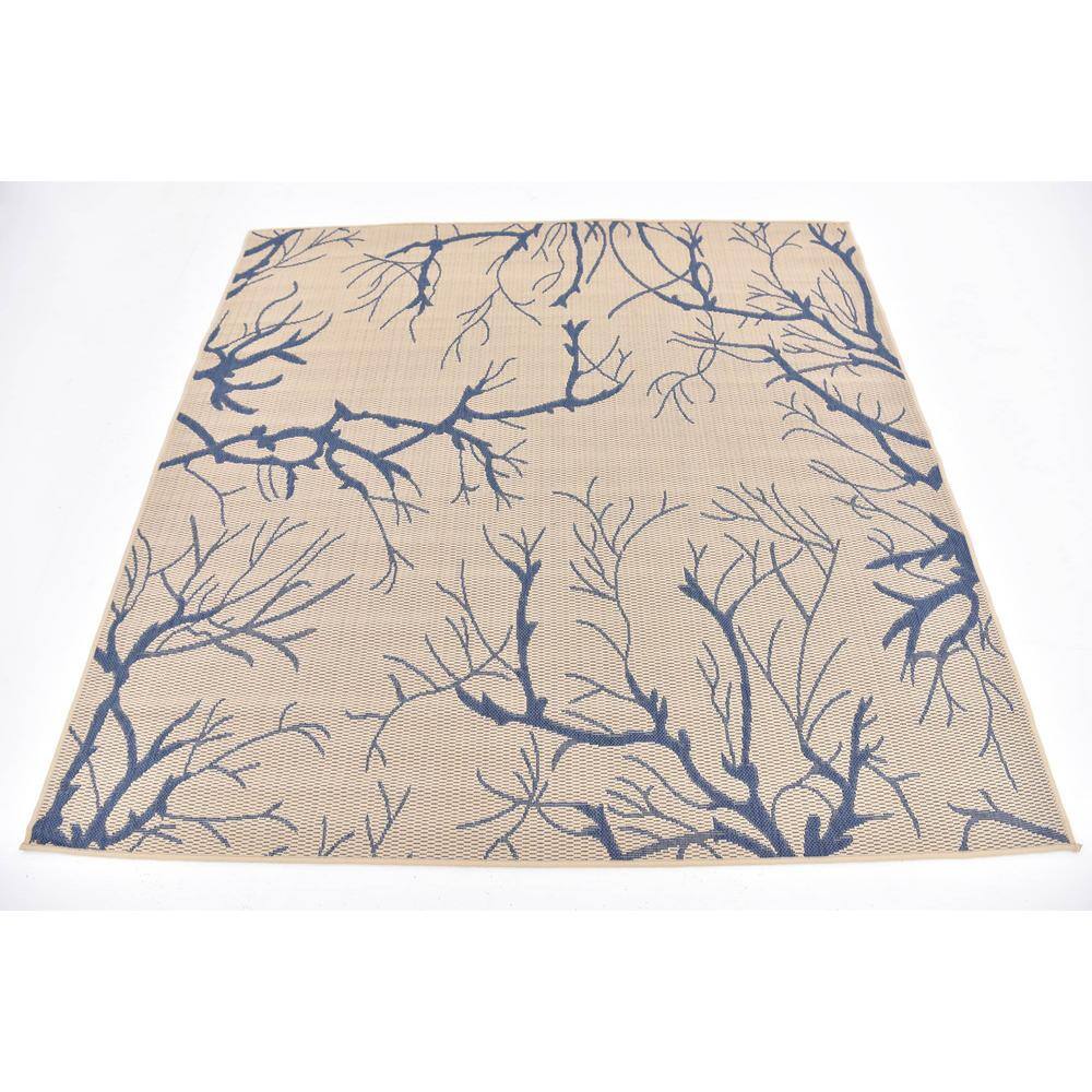 Easy-Care Beige & Blue Square Outdoor Rug - Stain-Resistant Synthetic
