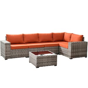Beatrice 6-Piece Wicker Outdoor Sectional Set with Orange Red Cushions
