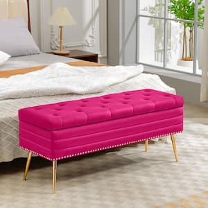 Velvet Fushia Storage Ottoman Entryway Bench with Gold Base and Diamond Tufted Design for Living Room