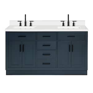 Hepburn 61 in. W x 22 in. D x 36 in. H Bath Vanity in Midnight Blue with Pure White Quartz Vanity Top with White Basins