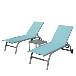 Adjustable Chaise Lounge Outdoor Lounge Chairs with Wheels and 1-Table Pool Lounge Chairs in Turquoise Blue Set of 3