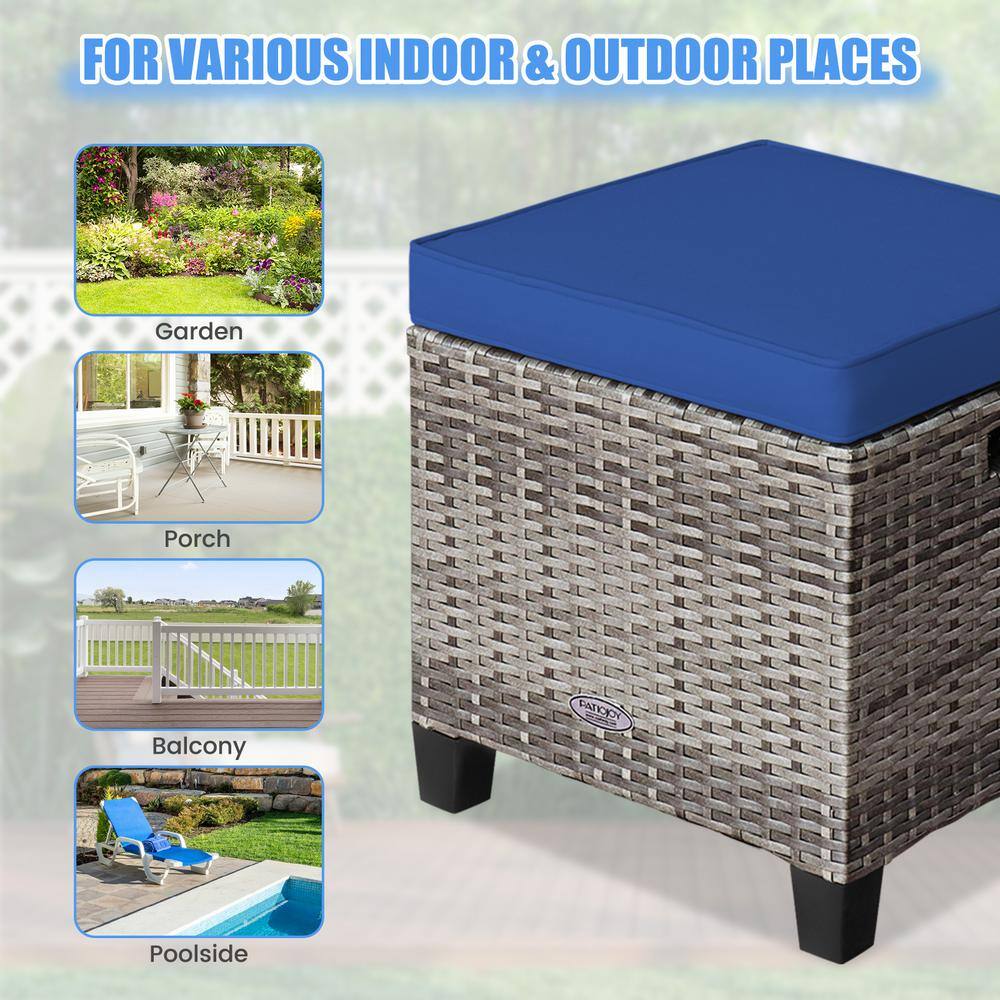 Mix Gray Steel Frame Outdoor Ottomans with Navy Cushions, 2 Pack
