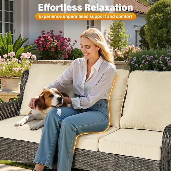 OVIOS Joyoung Brown 7-Piece Wicker Patio Rectangle Fire Pit