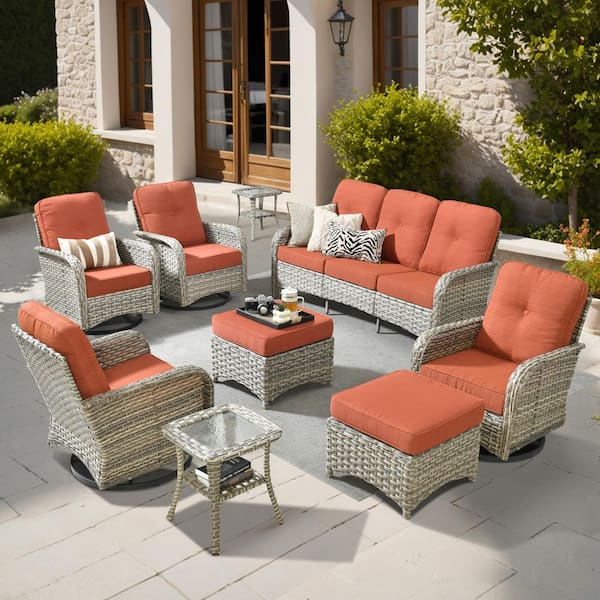 Beverly 9-Piece Wicker Patio Conversation Sofa Swivel Rocking Chairs Set with Ottomans and Orange Red Cushions