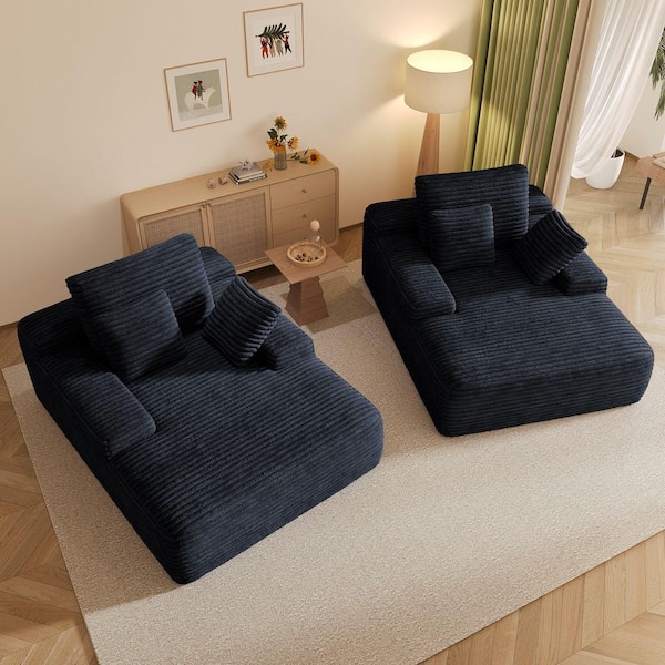 49.21 in. Square Arm Corduroy Oversized Rectangle Lounge Sectional Sofa No Assembly for Apartment in Black (2-Piece Set)