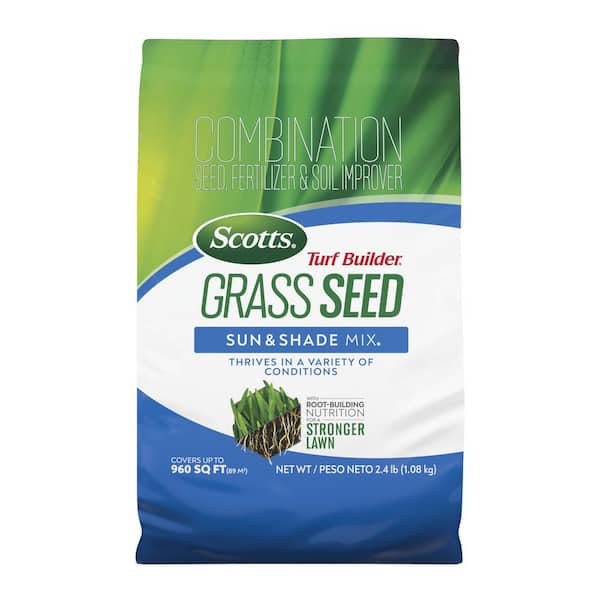 Scotts Turf Builder 2.4 lbs. Grass Seed Sun and Shade Mix with Fertilizer and Soil Improver Thrives in a Variety of Conditions