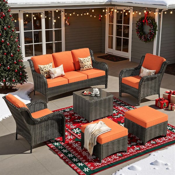 Clario 6-Piece Wicker Patio Conversation Set with Orange Red Cushion, 2 Ottomans, 2 Single Chair & Coffee Table