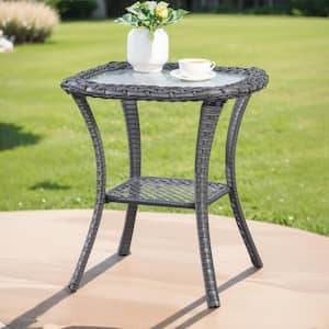 Gray Square Wicker Outdoor Side Table with Tempered Glass Top