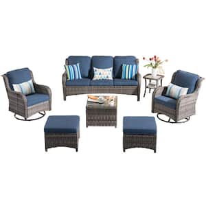 Moonlight Gray 7-Piece Wicker Patio Conversation Seating Sofa Set with Denim Blue Cushions and Swivel Rocking Chairs