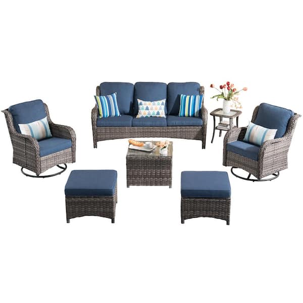 Moonlight Gray 7-Piece Wicker Patio Conversation Seating Sofa Set with Denim Blue Cushions and Swivel Rocking Chairs