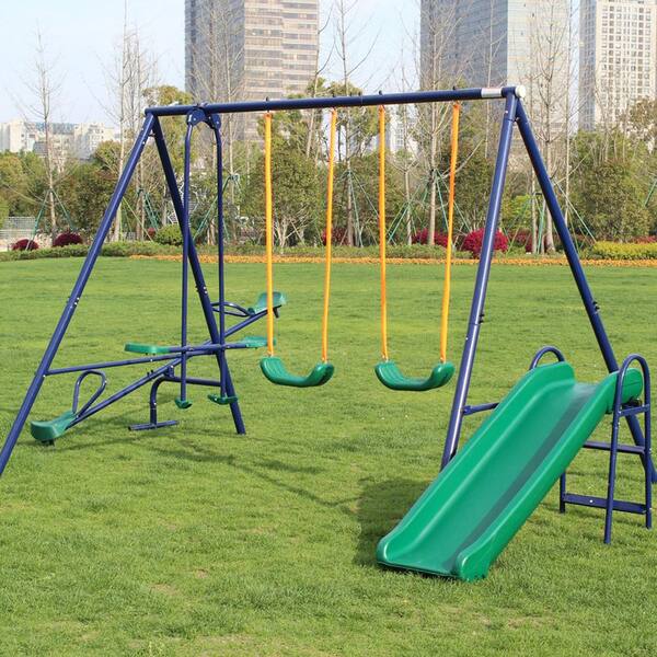 GOGEXX 138 in. L x 87 in. W. x 71 in. H 5-in-1-Metal Outdoor Playground Equipment Kid 2- Swings,1-Glider,1-Slide Teeter Totter