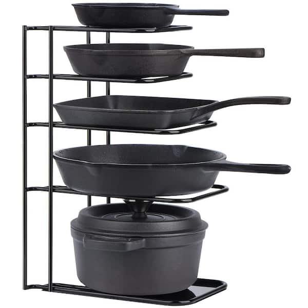 Heavy Duty 5-Tier Steel Pan and Pot Organizer Rack for Cast Iron Skillets, Griddles and Pots, Black
