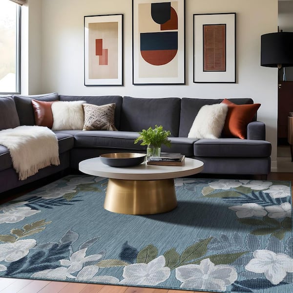 Eden  8 ft. x 10 ft. Aqua Washable Border Floral Indoor Outdoor Area Rug