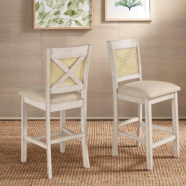 HomeSullivan 26.32 in. White Cane X-Back Wood Accent Counter Height Chair (Set of 2)