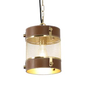 1-Light Vintage Rustic Gold Bronze Brass Industrial Lantern Pendant Light with Caged Leather Shade Chandelier Fixture