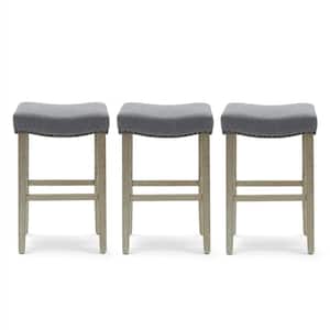 Jameson 29 in. Bar Height Antique Gray Wood Backless Nail Head Trim Barstool with Gray Linen Saddle Seat (Set of 3)