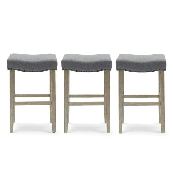 WESTINFURNITURE Jameson 29 in. Bar Height Antique Gray Wood Backless Nail Head Trim Barstool with Gray Linen Saddle Seat (Set of 3)