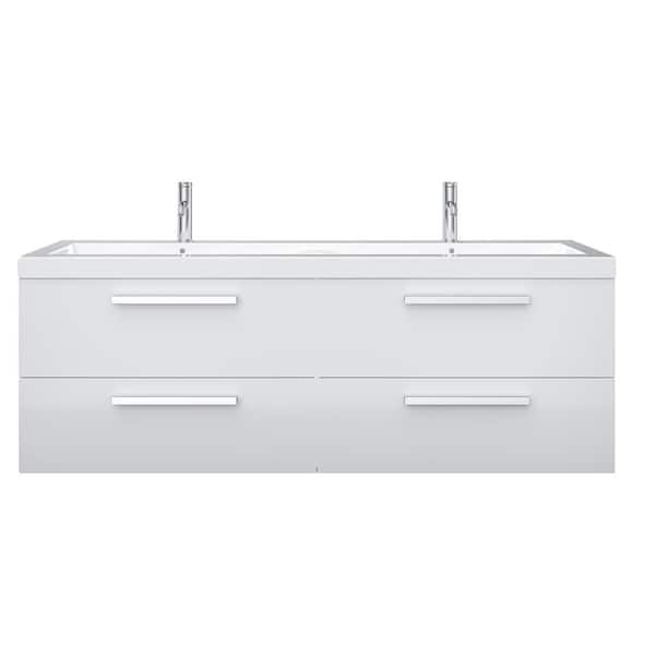 Surf 57 in. Double Sink Floating White Bath Vanity with White Acrylic Top (Assembled)