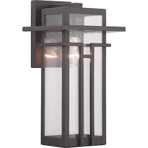 Boxwood Collection 1-Light Antique Bronze Clear Seeded Glass Craftsman Outdoor Medium Wall Lantern Light