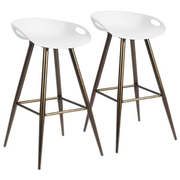 HomeRoots 27.6 in. White Low Back Metal Counter Height Bar Chair with Plastic Seat Set of 2