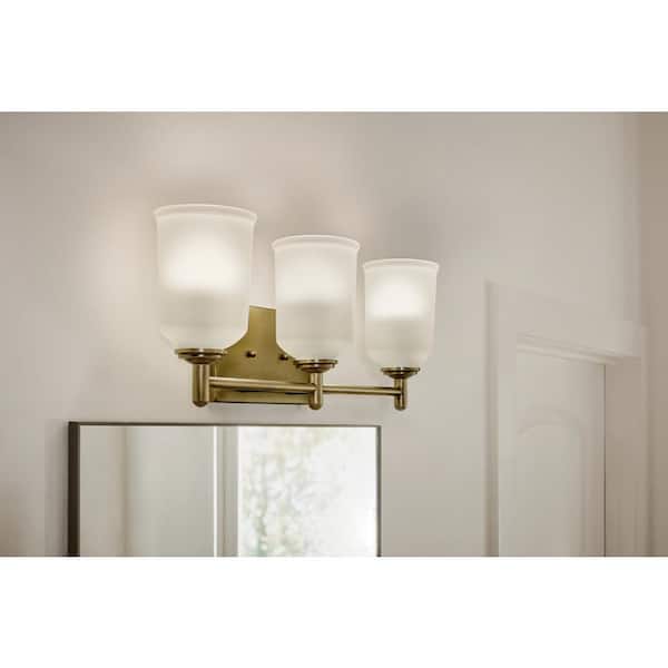 KICHLER Shailene 21 in. 3-Light Natural Brass Traditional Bathroom Vanity Light with Satin Etched Glass