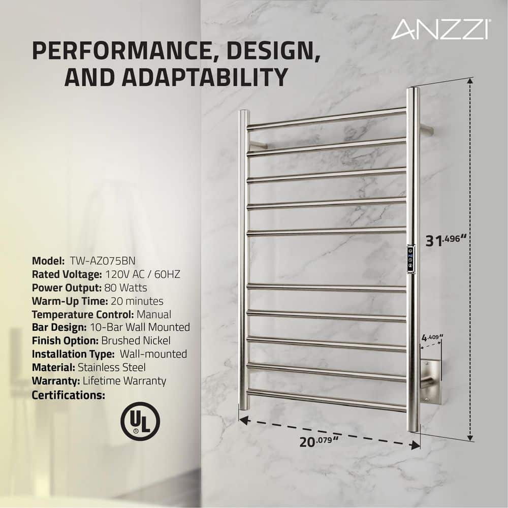 Brushed Nickel 10-Bar Wall Mounted Towel Warmer
