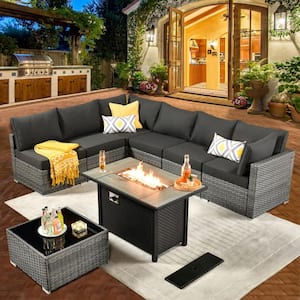 Daffodil A Gray 8-Piece Wicker Patio Rectangular Fire Pit Conversation Sofa Set with Black Cushions