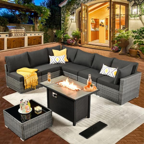 Daffodil A Gray 8-Piece Wicker Patio Rectangular Fire Pit Conversation Sofa Set with Black Cushions