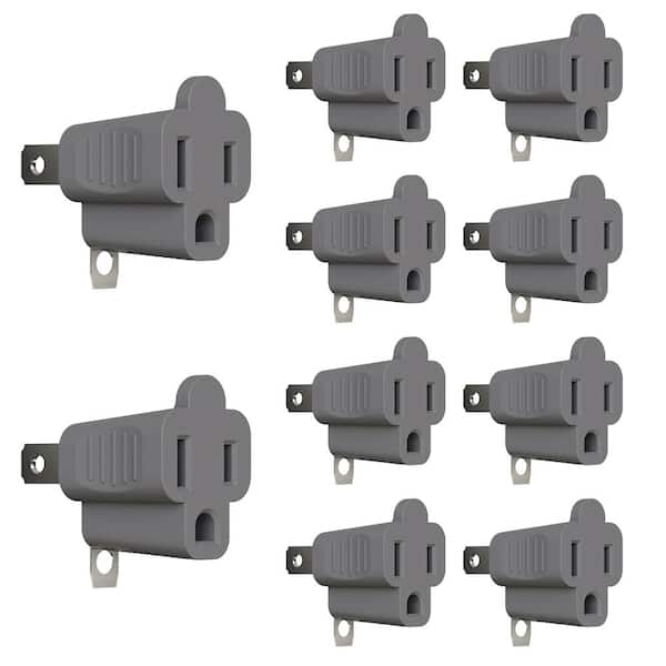 ELEGRP 15Amp 125-Volt 2-Prong to 3-Prong Single Outlet Grounding Adapter Plug, Gray (10-Pack)