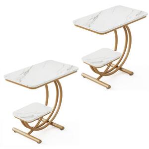 Kerlin 23.6 in. 2 PCS White and Gold C-Shaped Faux Marble Side Table Modern End Side Table with 2-Shelf