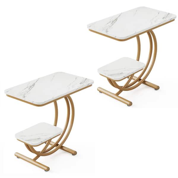 BYBLIGHT Kerlin 23.6 in. 2 PCS White and Gold C-Shaped Faux Marble Side Table Modern End Side Table with 2-Shelf