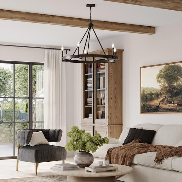 Progress Lighting Aleswith Collection 32 in. 5-Light Matte Black Rustic Modern Chandelier for Dining Room, Great Room and amp; Living Room