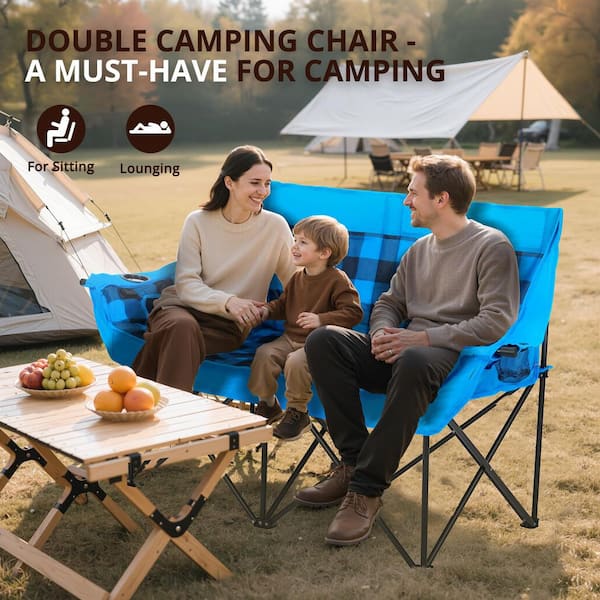 Heated Double Camping Chair for 2-Person Oversized Padded Folding Loveseat with 3-Levels Heating Portable Camping Couch