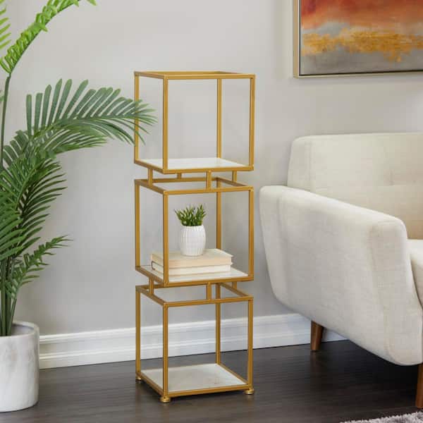 Litton Lane 39 in. Marble Stationary Gold Shelving Unit with 3 Marble Shelves