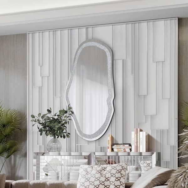 31.9 in. W x 47.4 in. H Silver Glam Irregular Oval Wall Mirror with Faux Diamond and Wood Frame for Entryway, Hallway