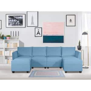 Contemporary 4 Piece Modular Sectional Sofa with Double Ottoman in Robin Egg Blue, Linen