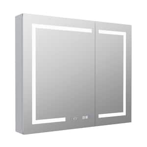 36 in. W x 30 in. H Rectangular Aluminum Medicine Cabinet with Mirror, Outlets, Time Display, Soft Close Door, Anti-Fog