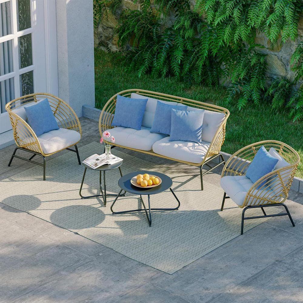 5-Piece Metal Outdoor Conversation Set, Wicker Sofa Set with Beige Thick Cushions & 2 Coffee Tables Patio Furniture Set